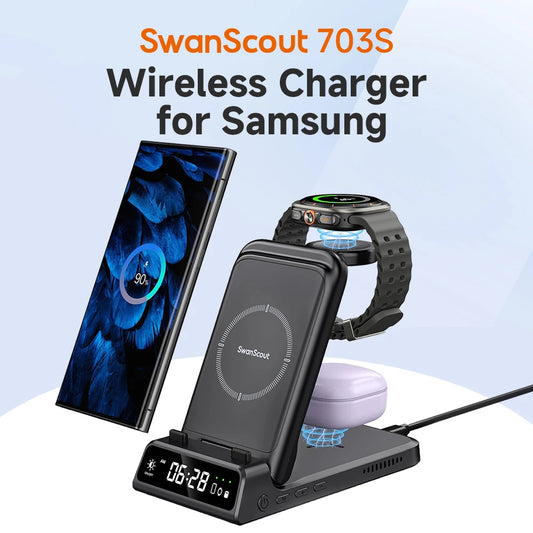 Estação de carregamento SwanScout 703S para Samsung S25 + S24 Ultra S23 Z Flip 6 Carregador sem fio para Galaxy Watch 7 6 5 4 para Buds 2 pro