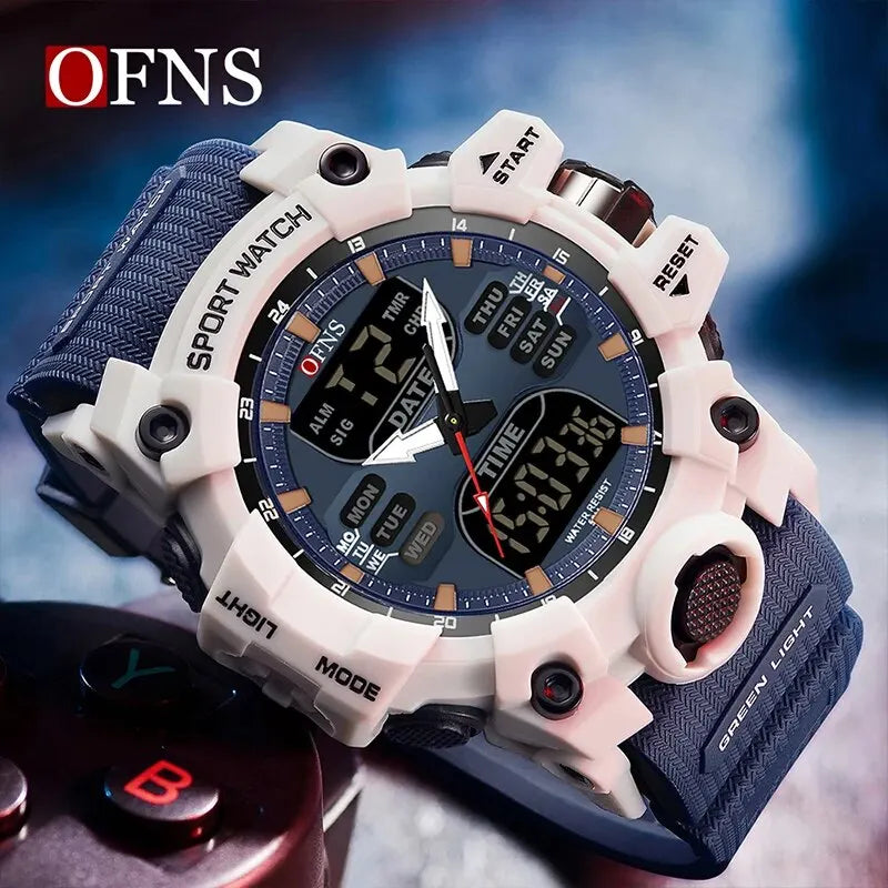 OFNS-impermeável Dual Display relógio de pulso para homens, relógios esportivos, homem militar, alarme, cronômetro, quartzo, relógio digital masculino