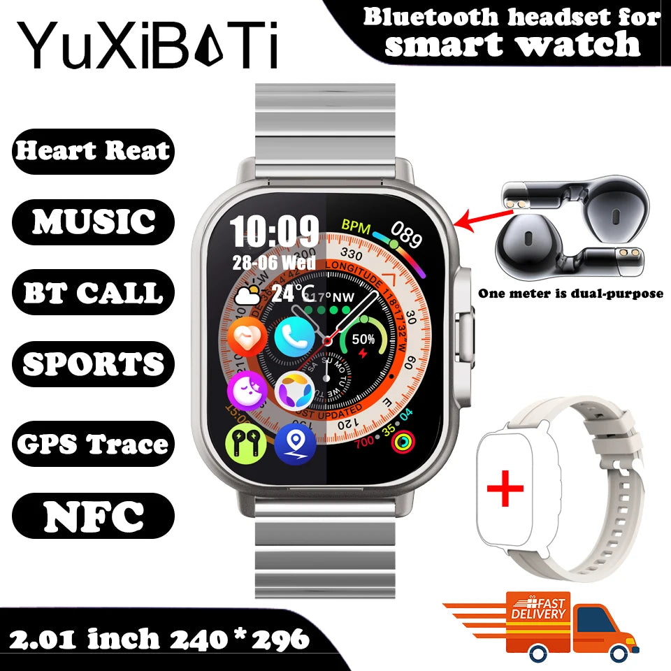 2024 relógio inteligente 2 em 1 com fone de ouvido smartwatch bluetooth chamada relógio masculino gps faixa monitor freqüência cardíaca jogar música smartwatch