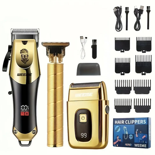 Kit de aliciamento masculino conjunto de 3 peças, cortador de cabelo dourado balck com display LCD, recarregável por USB, 8 pentes guia, aparador e barbeador