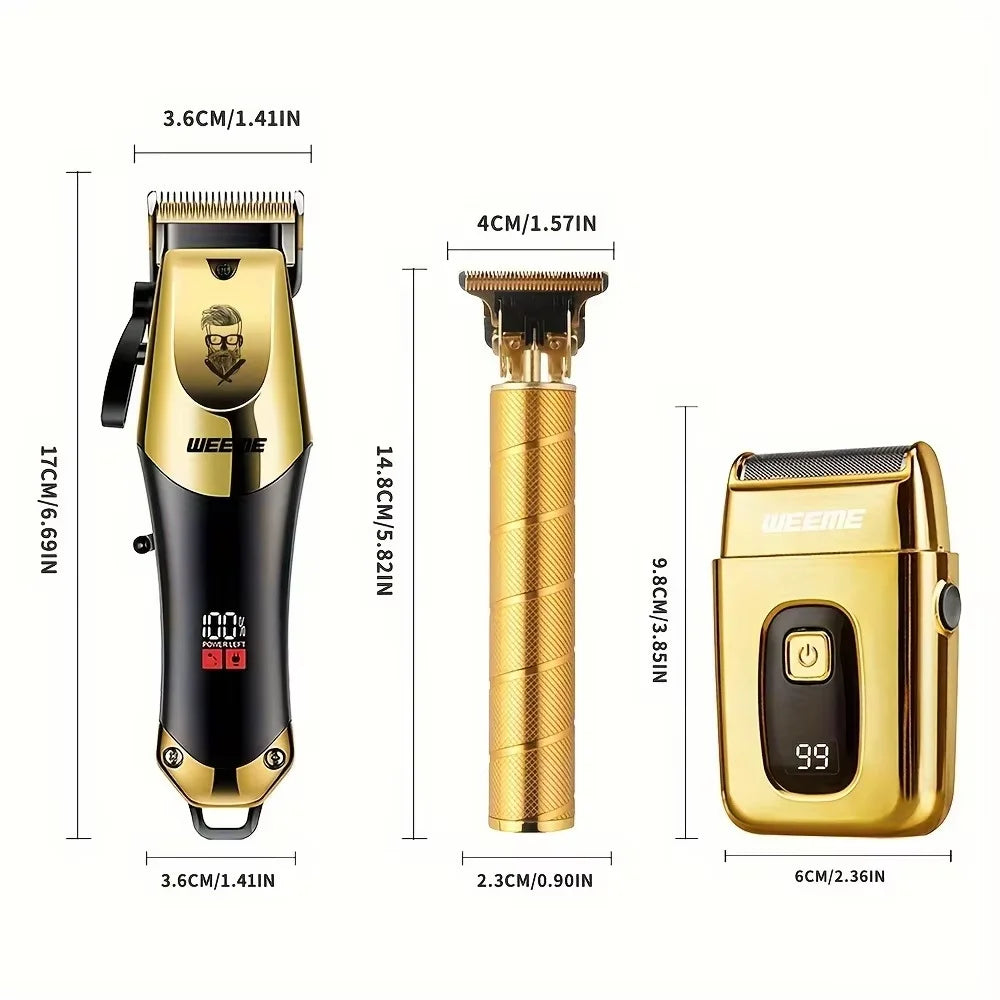 Kit de aliciamento masculino conjunto de 3 peças, cortador de cabelo dourado balck com display LCD, recarregável por USB, 8 pentes guia, aparador e barbeador