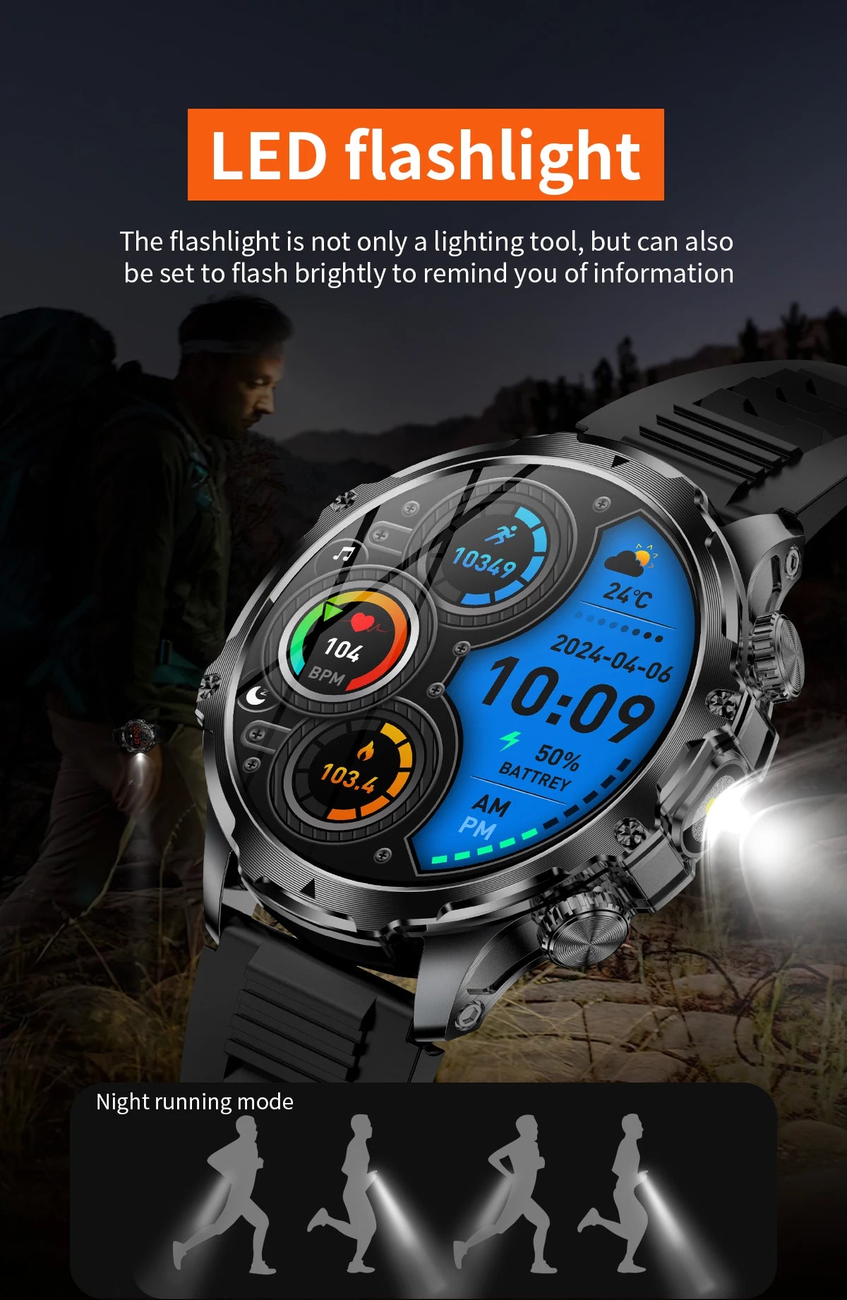 Ak75 relógio inteligente lanterna 1.9 polegada masculino ao ar livre esportes rastreador de fitness 700mah bateria grande bt chamando luz led smartwatch