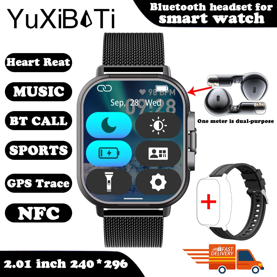 2024 relógio inteligente 2 em 1 com fone de ouvido smartwatch bluetooth chamada relógio masculino gps faixa monitor freqüência cardíaca jogar música smartwatch