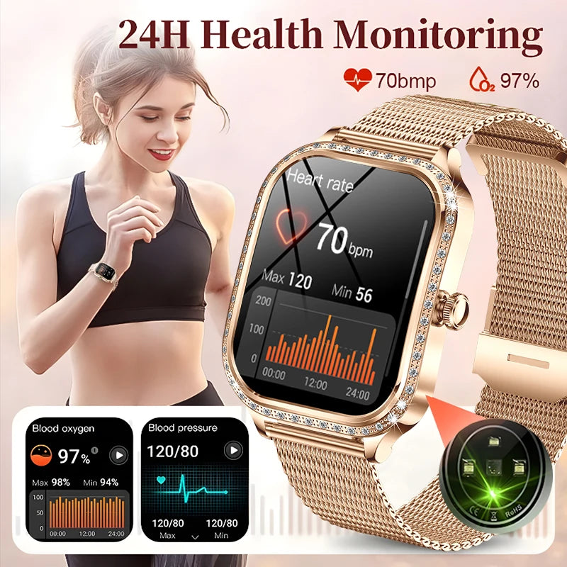 Nova moda feminina relógio inteligente freqüência cardíaca 1.75 Polegada 240*296 tela hd diamante relógio bluetooth chamada à prova dwaterproof água smartwatch