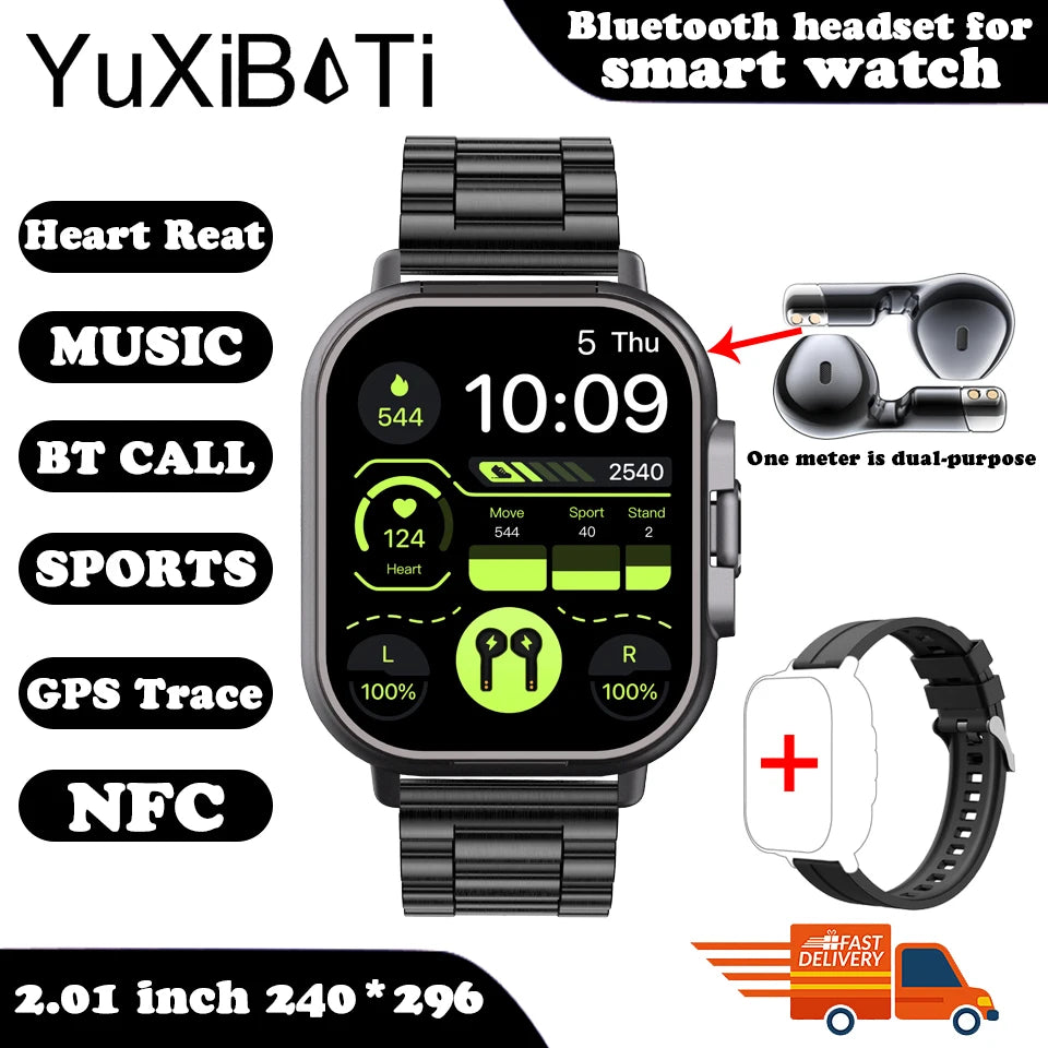 2024 relógio inteligente 2 em 1 com fone de ouvido smartwatch bluetooth chamada relógio masculino gps faixa monitor freqüência cardíaca jogar música smartwatch