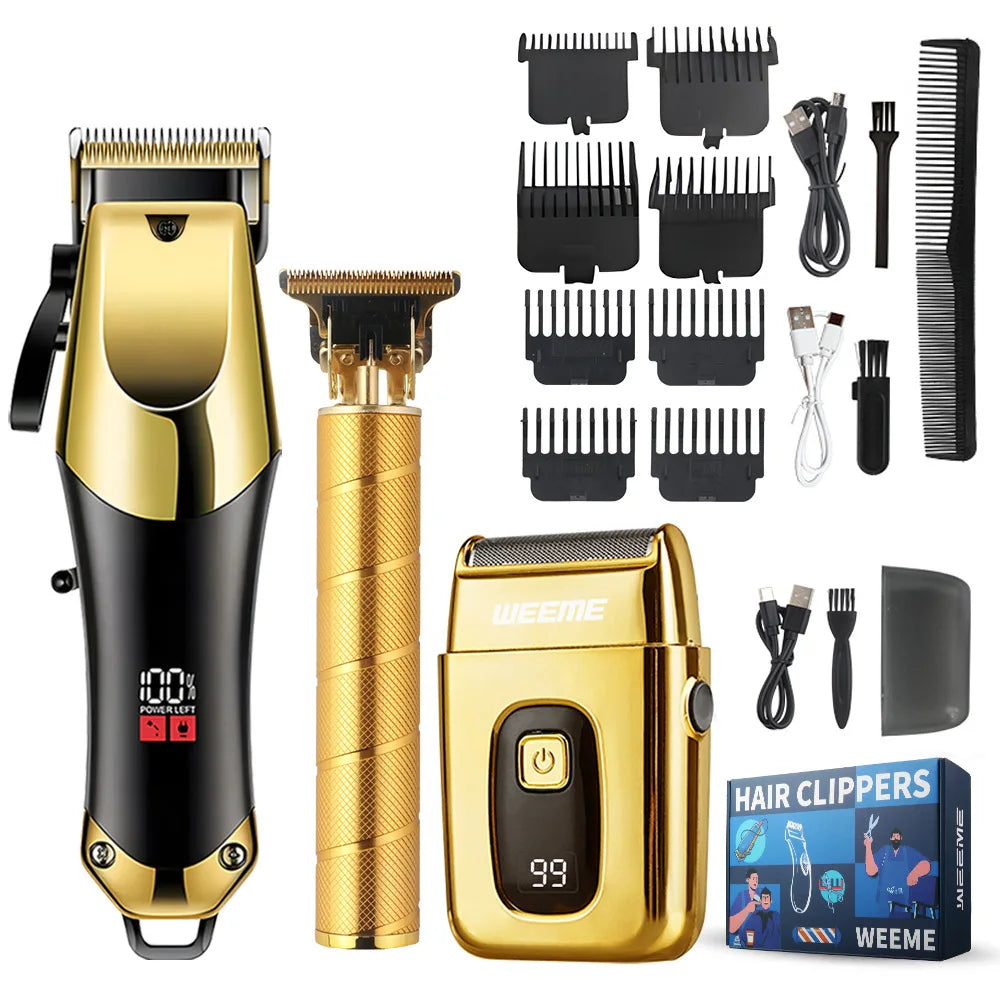 Kit de aliciamento masculino conjunto de 3 peças, cortador de cabelo dourado balck com display LCD, recarregável por USB, 8 pentes guia, aparador e barbeador