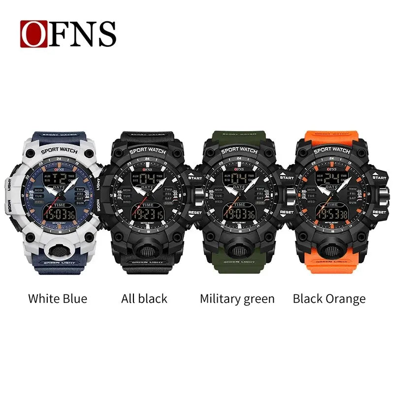 OFNS-impermeável Dual Display relógio de pulso para homens, relógios esportivos, homem militar, alarme, cronômetro, quartzo, relógio digital masculino