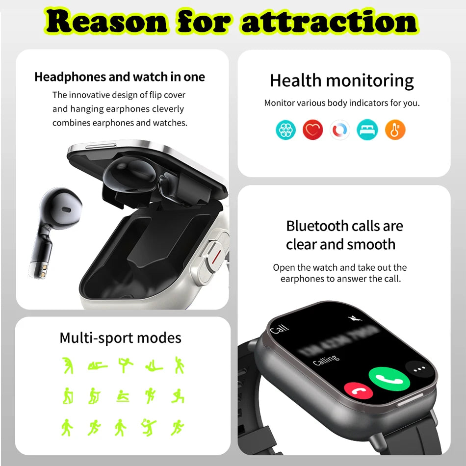 2024 relógio inteligente 2 em 1 com fone de ouvido smartwatch bluetooth chamada relógio masculino gps faixa monitor freqüência cardíaca jogar música smartwatch