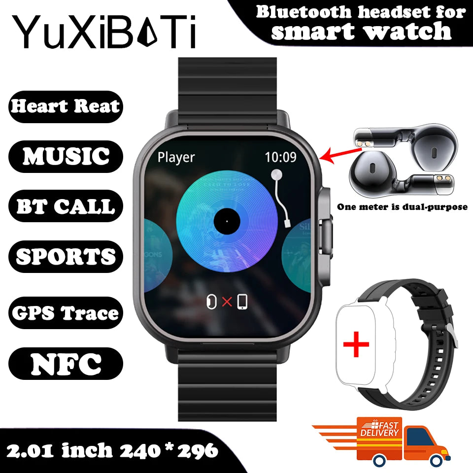 2024 relógio inteligente 2 em 1 com fone de ouvido smartwatch bluetooth chamada relógio masculino gps faixa monitor freqüência cardíaca jogar música smartwatch