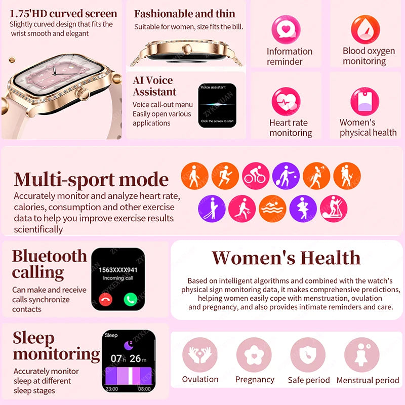 Nova moda feminina relógio inteligente freqüência cardíaca 1.75 Polegada 240*296 tela hd diamante relógio bluetooth chamada à prova dwaterproof água smartwatch