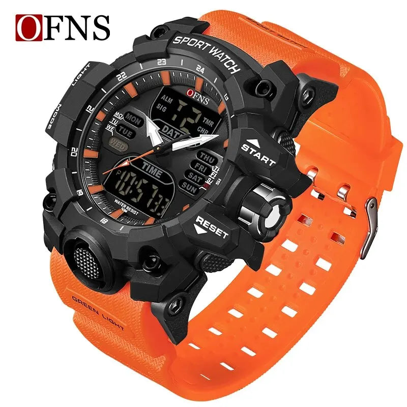 OFNS-impermeável Dual Display relógio de pulso para homens, relógios esportivos, homem militar, alarme, cronômetro, quartzo, relógio digital masculino