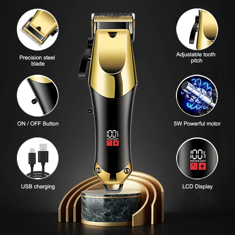 Kit de aliciamento masculino conjunto de 3 peças, cortador de cabelo dourado balck com display LCD, recarregável por USB, 8 pentes guia, aparador e barbeador